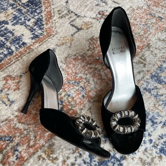 STUART WEITZMAN- Velvet Embellished Black Heels Size 8 - Picture 1 of 10